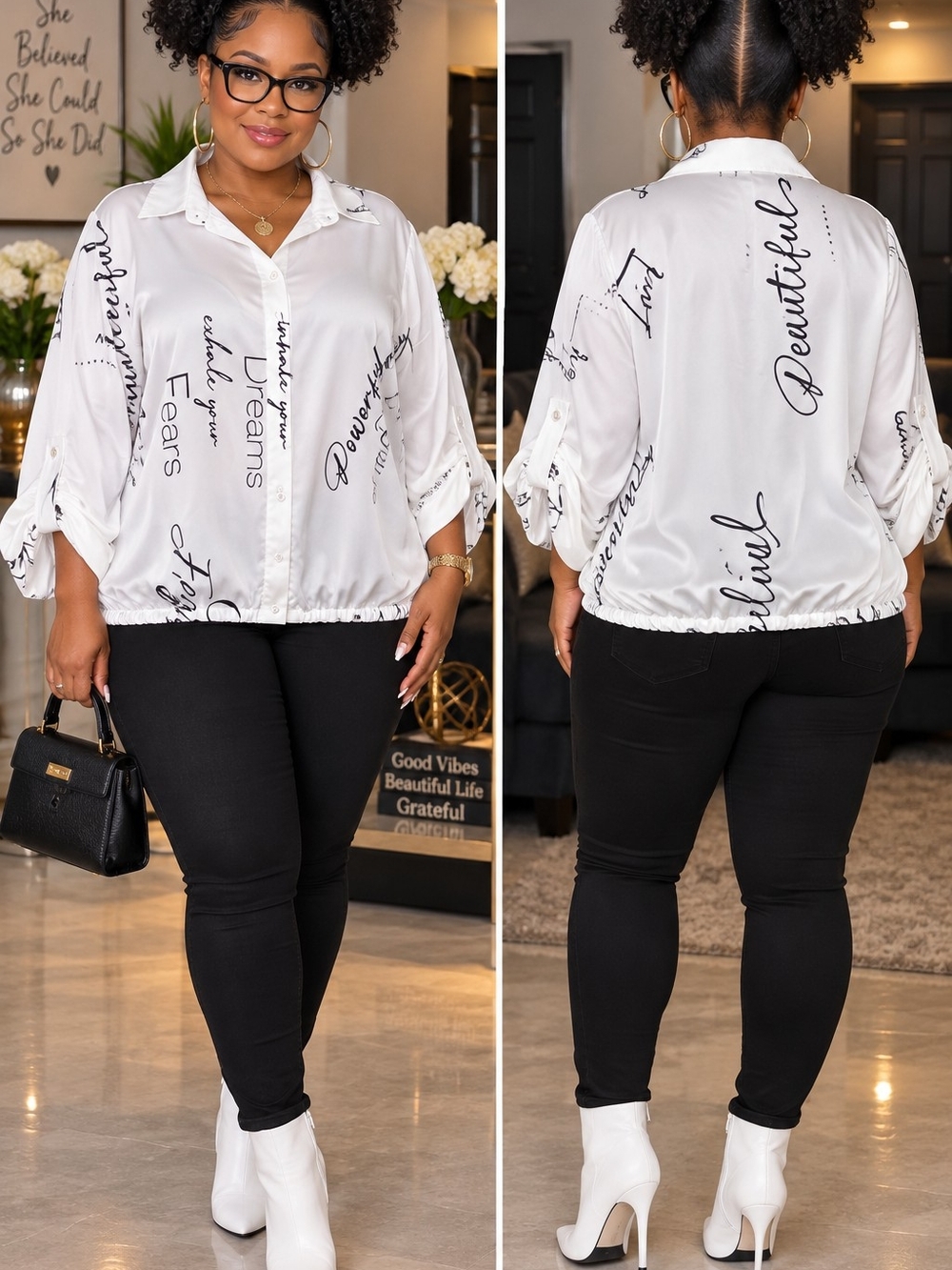 Ashley Stewart White Script-Print Button-Front Blouse